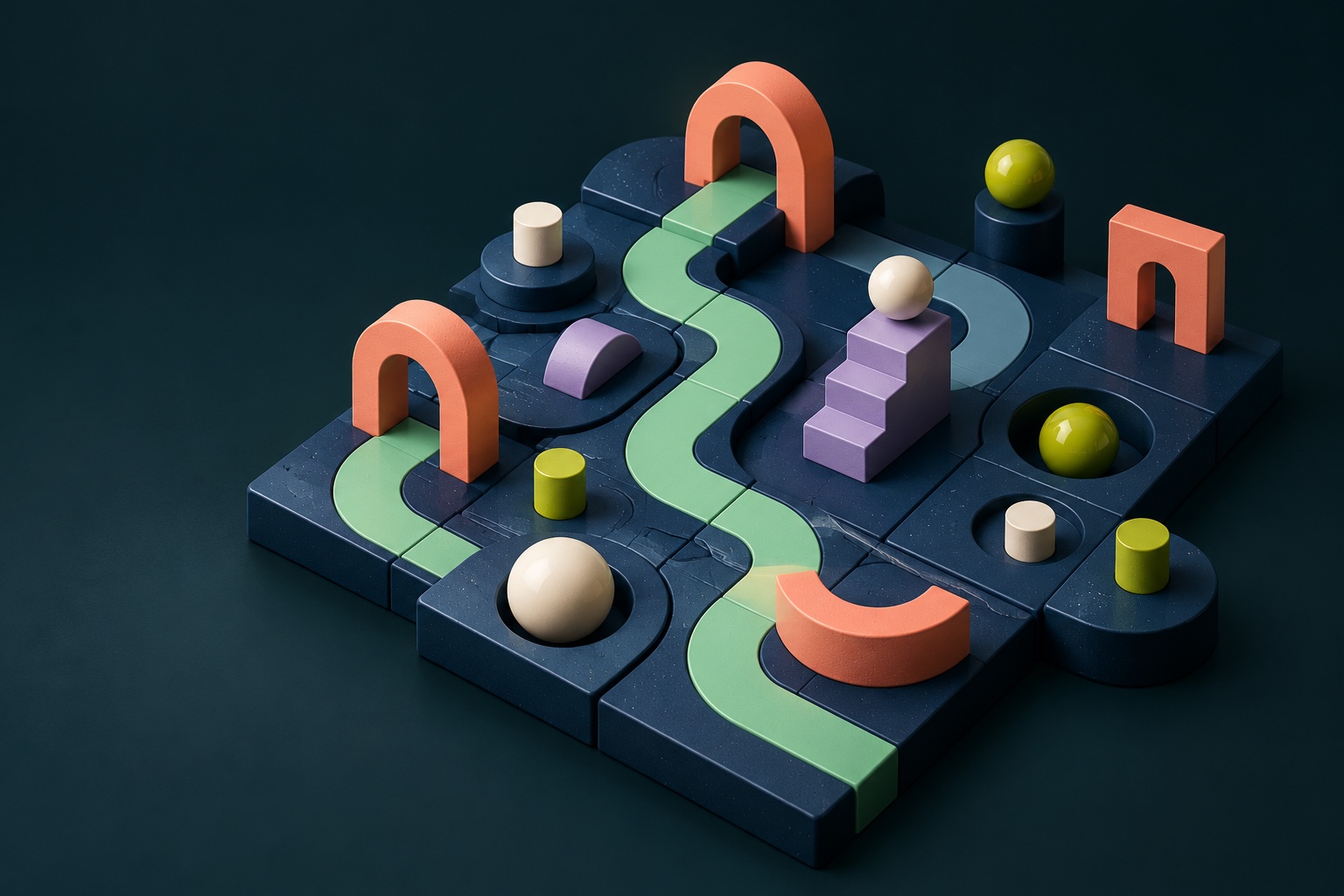 An original sculptural tabletop world with a winding mint path, coral arches, and colorful puzzle forms.